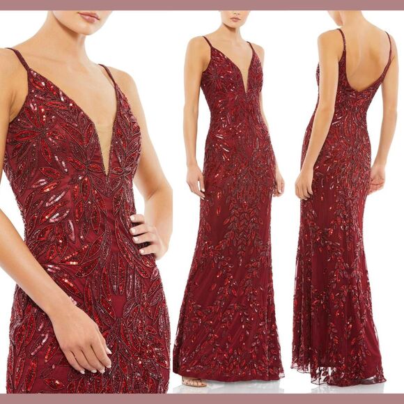 Mac Duggal Dresses & Skirts - NWT Mac Duggal [ 10 ] 5107 Plunging V Neck Embellished Leaf Gown‎ Burgundy Red